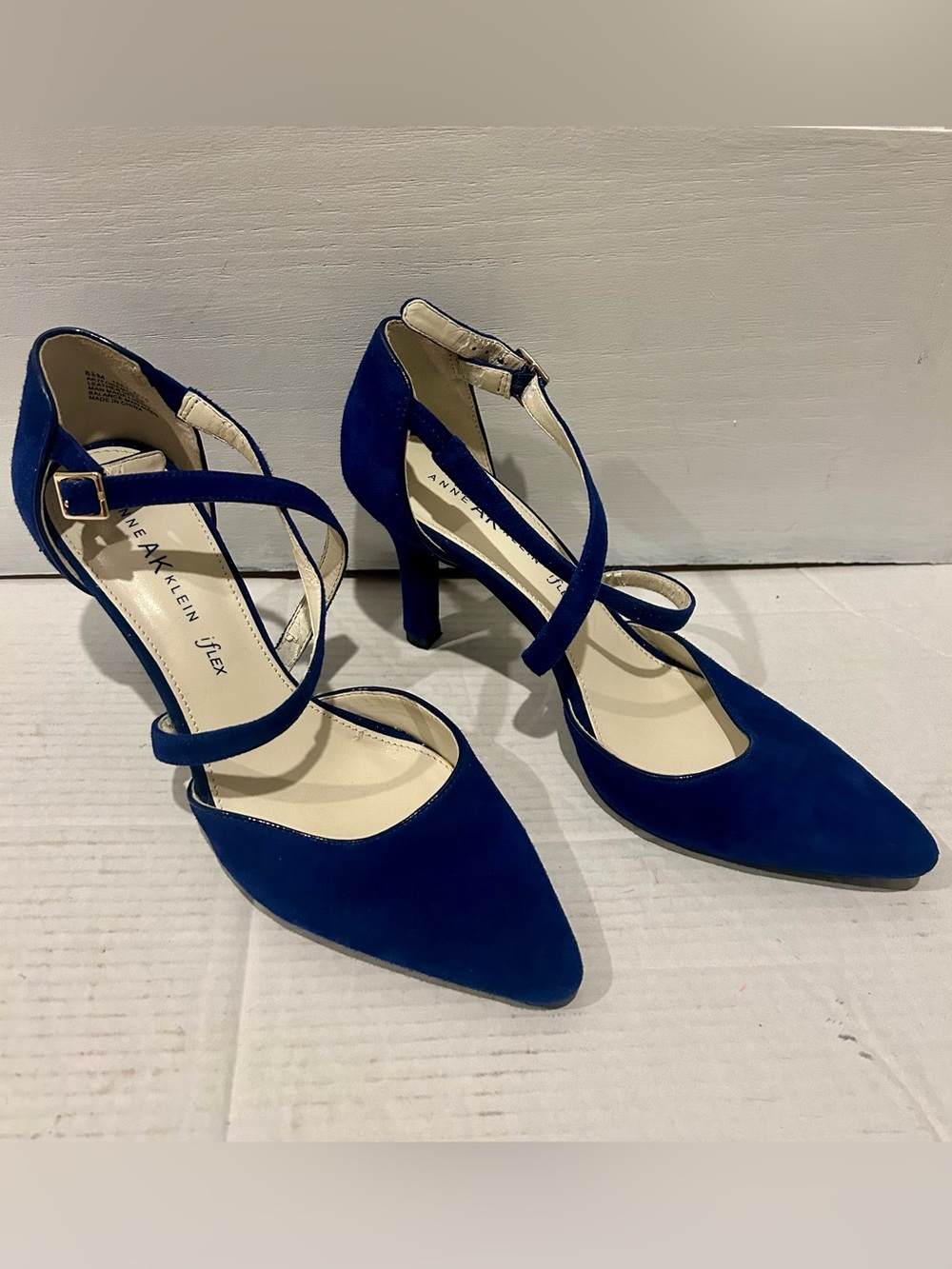 Anne Klein Royal Blue Suede Pointed-Toe Strappy Heels